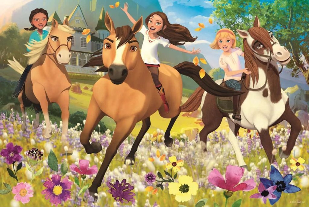 Spirit Riding Free Lucky Pru Abigail galloping on horses in sunlit meadow wildflowers wallpaper