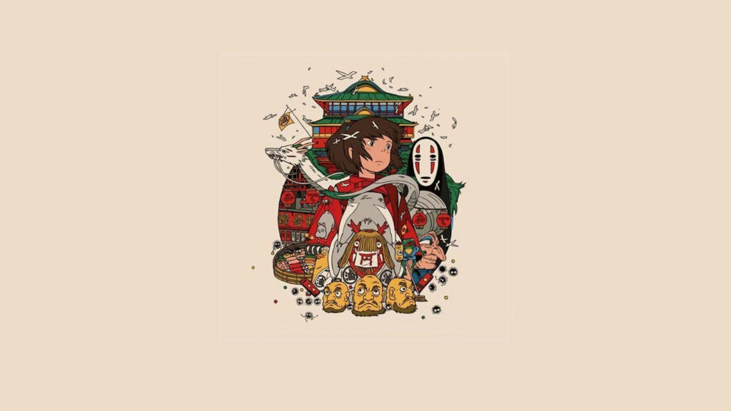 Abstract Spirited Away wallpaper with Chihiro and iconic mystical creatures background