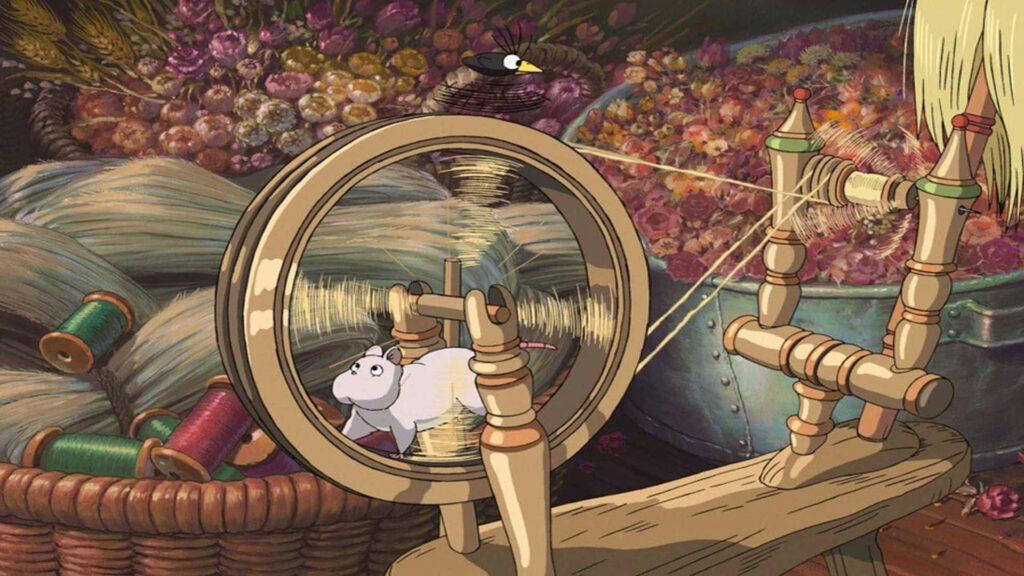 Detailed Spirited Away scene with vibrant threads spinning wheel and whimsical characters wallpaper