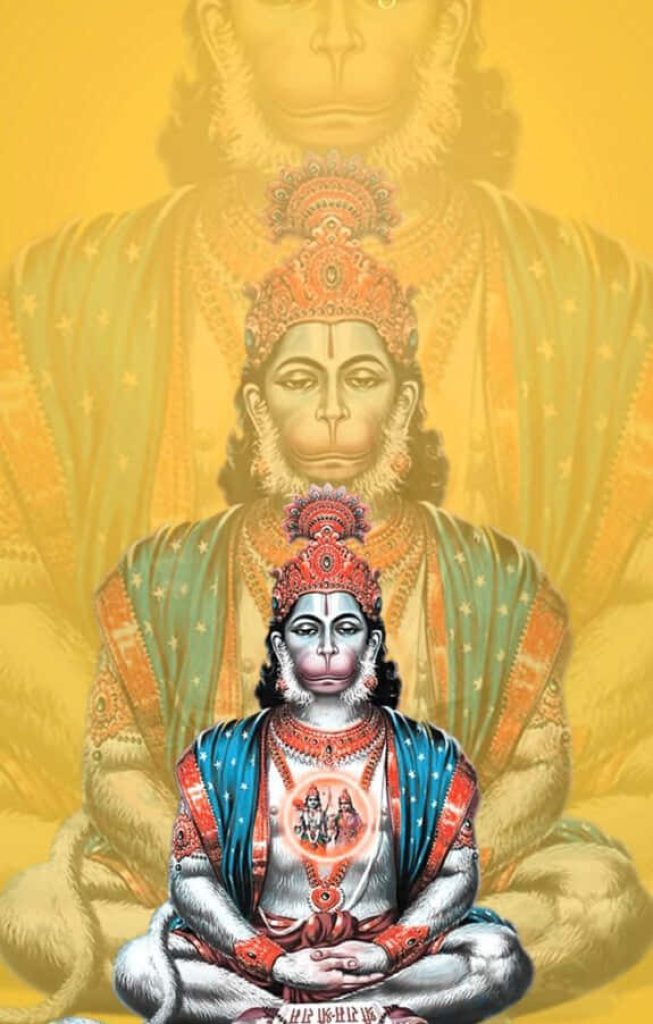 Lord Hanuman meditating with glowing Rama Sita emblem golden silhouette devotional wallpaper background