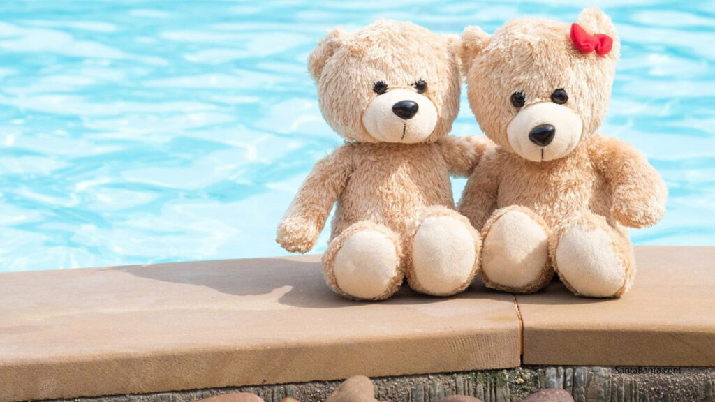Playful Teddy Bears Take a Dip in a Serene Water Pool: HD Wallpaper Background