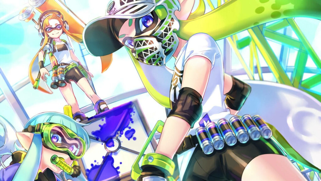 Vibrant Splatoon Trio Engage in an Epic Battle on Sun-drenched Battleground Wallpaper