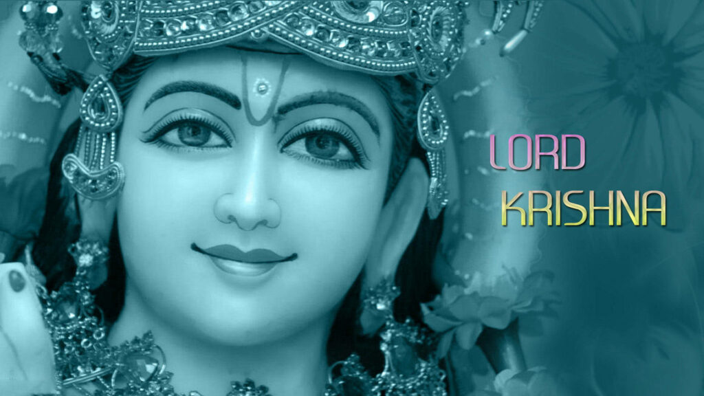Majestic Lord Krishna: A Stunning Blue-themed Poster Showcasing the Divine Deity's Radiant Smile and Ornate Jewels with Lord Krishna Text. Wallpaper