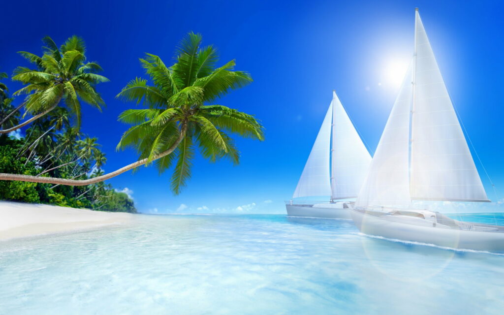 Nautical Bliss: Majestic Sailboats Grace Tropical Sea in a Sky-High HD Wallpaper