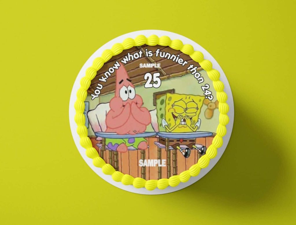 SpongeBob and Patrick laughing cake wallpaper with bright yellow icing and funny 25 meme quote