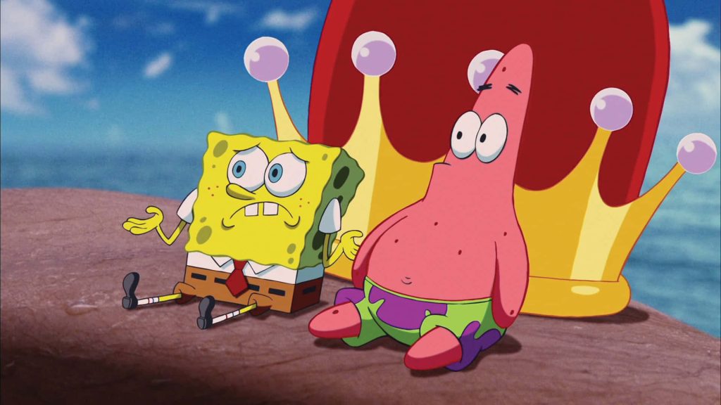 SpongeBob and Patrick on beach with King Neptune’s golden crown bright colorful wallpaper