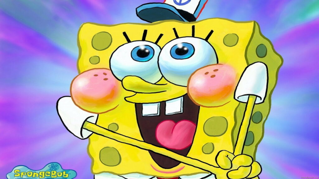 The Iconic SpongeBob SquarePants: A Cap-wearing Cartoon Sensation with Dazzling Eyes in HD Wallpaper Background