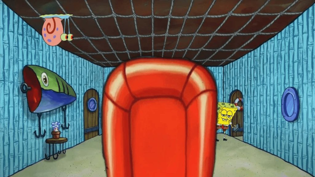 SpongeBob Zoom background with red chair blue bamboo walls Gary the Snail and fishing lure Wallpaper
