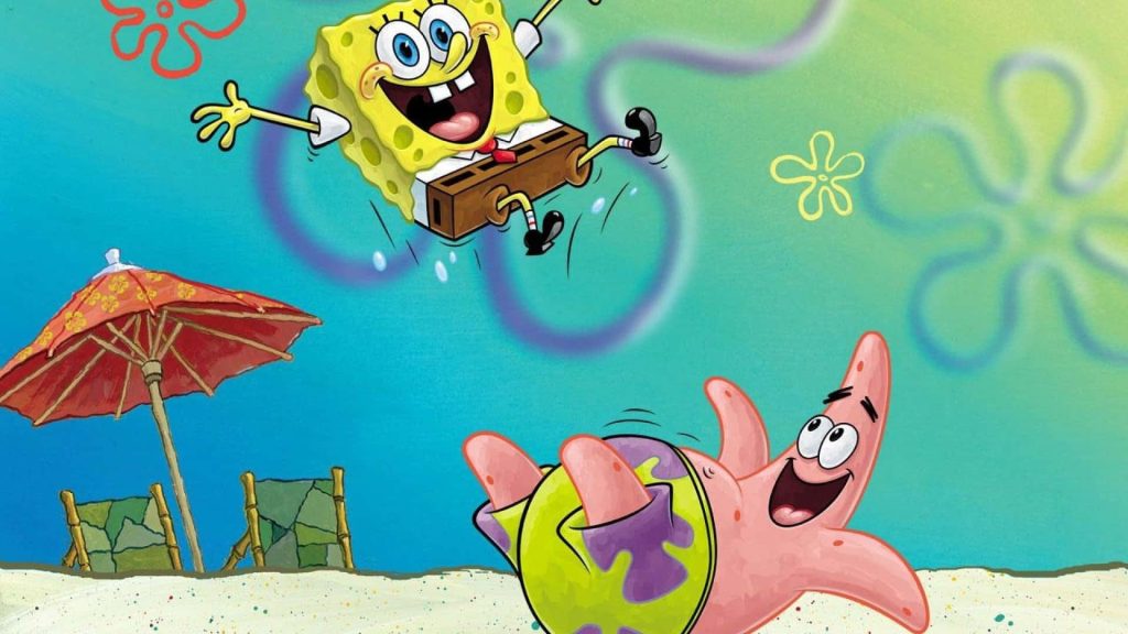 SpongeBob mid-air above laughing Patrick on Bikini Bottom beach with red umbrella wallpaper