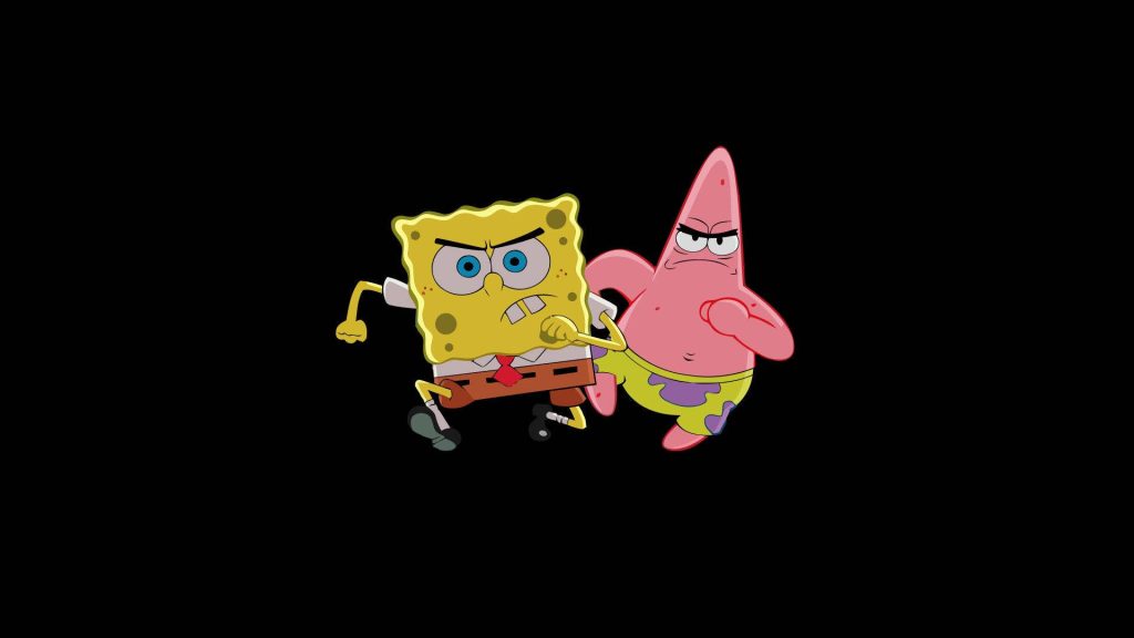 SpongeBob and Patrick running angry minimalist wallpaper classic 2D animation black background