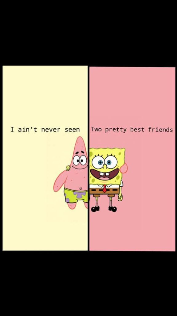 SpongeBob and Patrick split-screen cartoon wallpaper with fun friendship quotes for best friends