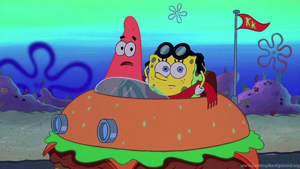 SpongeBob and Patrick driving burger car near Krusty Krab vibrant Bikini Bottom laptop wallpaper
