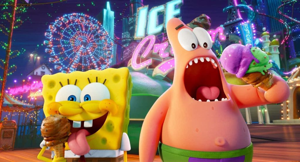 SpongeBob and Patrick eating ice cream at vibrant carnival with neon signs and Ferris wheel Wallpaper