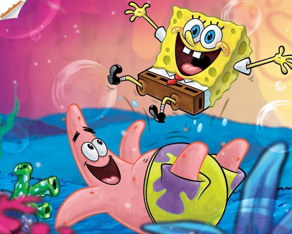 SpongeBob and Patrick having fun underwater with bubbles in vibrant Bikini Bottom wallpaper