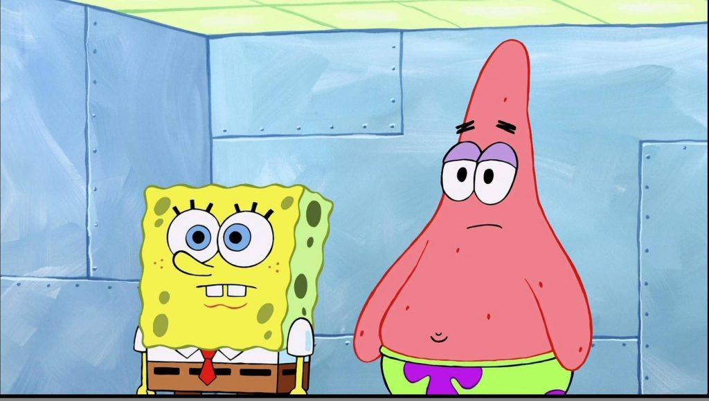 SpongeBob and Patrick 2D animation wallpaper with funny blank bewildered expressions on blue background
