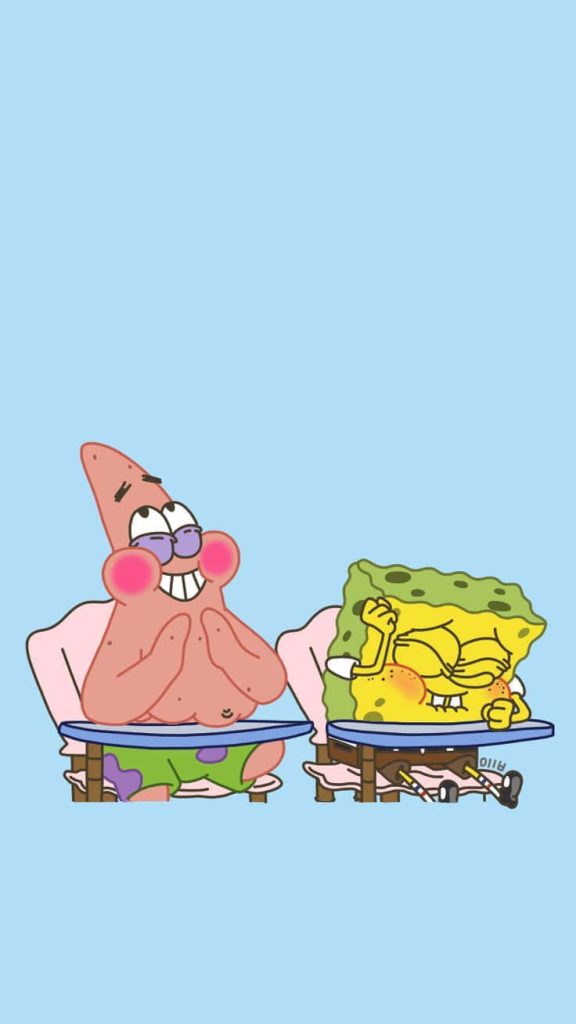 Cute SpongeBob SquarePants and Patrick Star sitting happily on light blue cartoon wallpaper