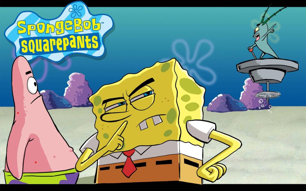 SpongeBob and Patrick in Bikini Bottom with Plankton plotting in his vehicle cartoon wallpaper