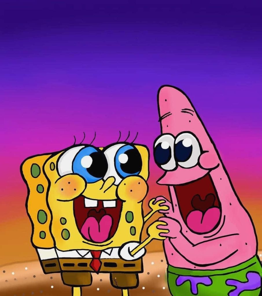 SpongeBob and Patrick laughing together sunset gradient vibrant cartoon friendship wallpaper