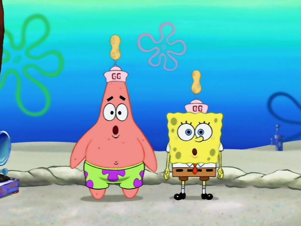 SpongeBob and Patrick underwater wearing GG caps with a floating peanut vibrant wallpaper background