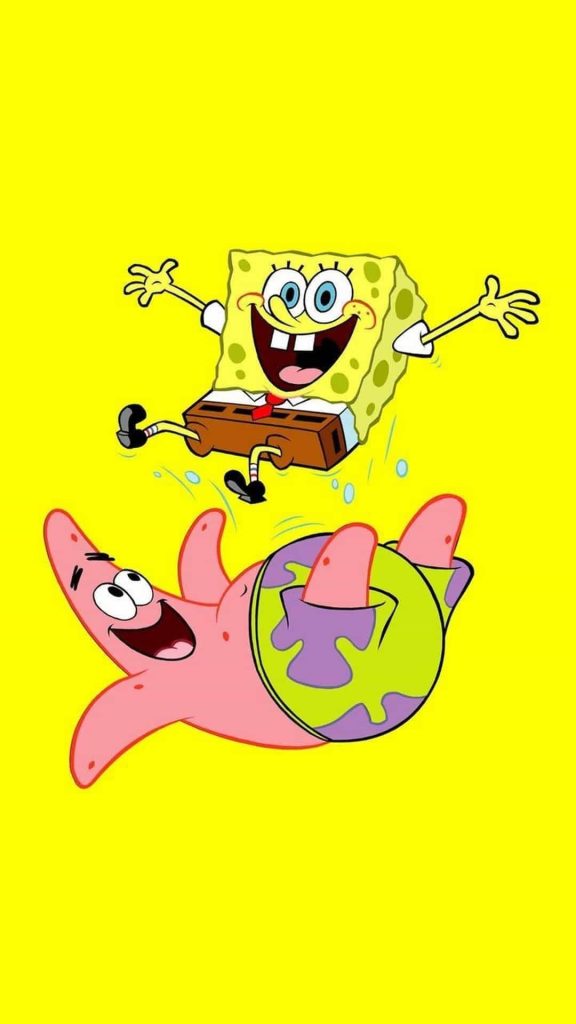 SpongeBob SquarePants and Patrick Star jumping on vibrant yellow background cartoon wallpaper