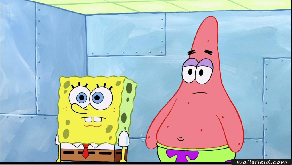 SpongeBob SquarePants wallpaper with smiling SpongeBob and skeptical Patrick in Krusty Krab background