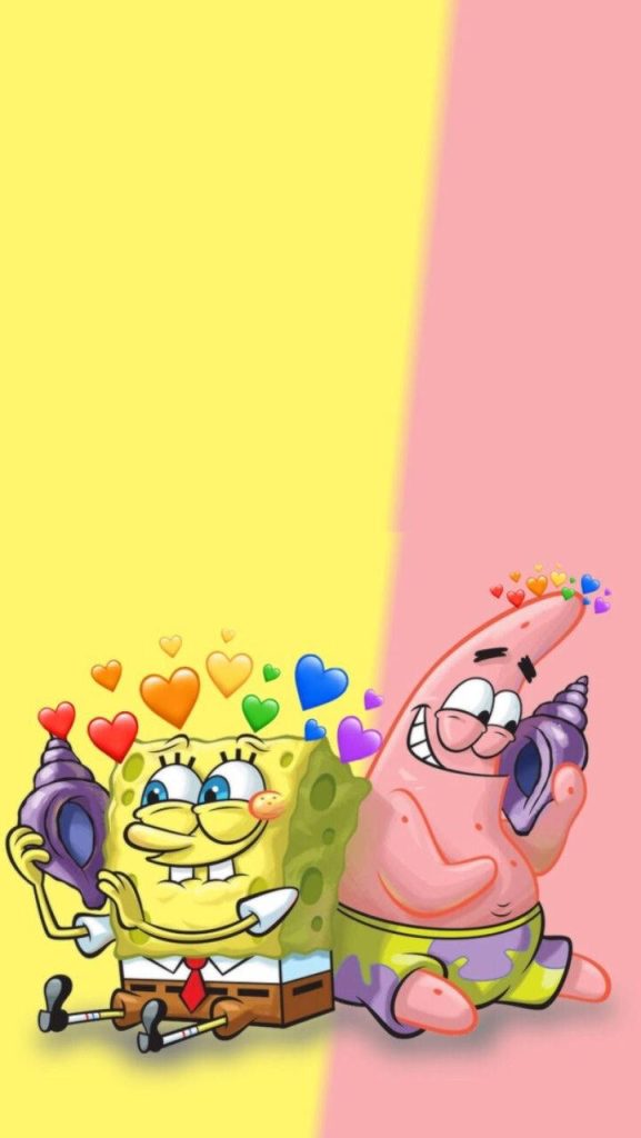SpongeBob and Patrick laughing on purple conch phones with colorful hearts background Wallpaper