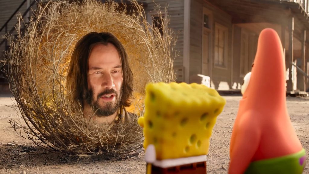 SpongeBob and Patrick meet Sage Keanu Reeves tumbleweed Western town CGI wallpaper background