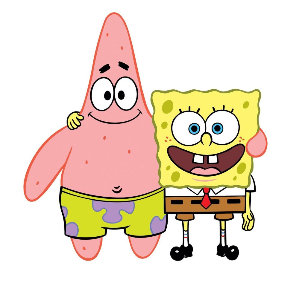 SpongeBob and Patrick smiling together vibrant 2D illustration on plain white wallpaper background