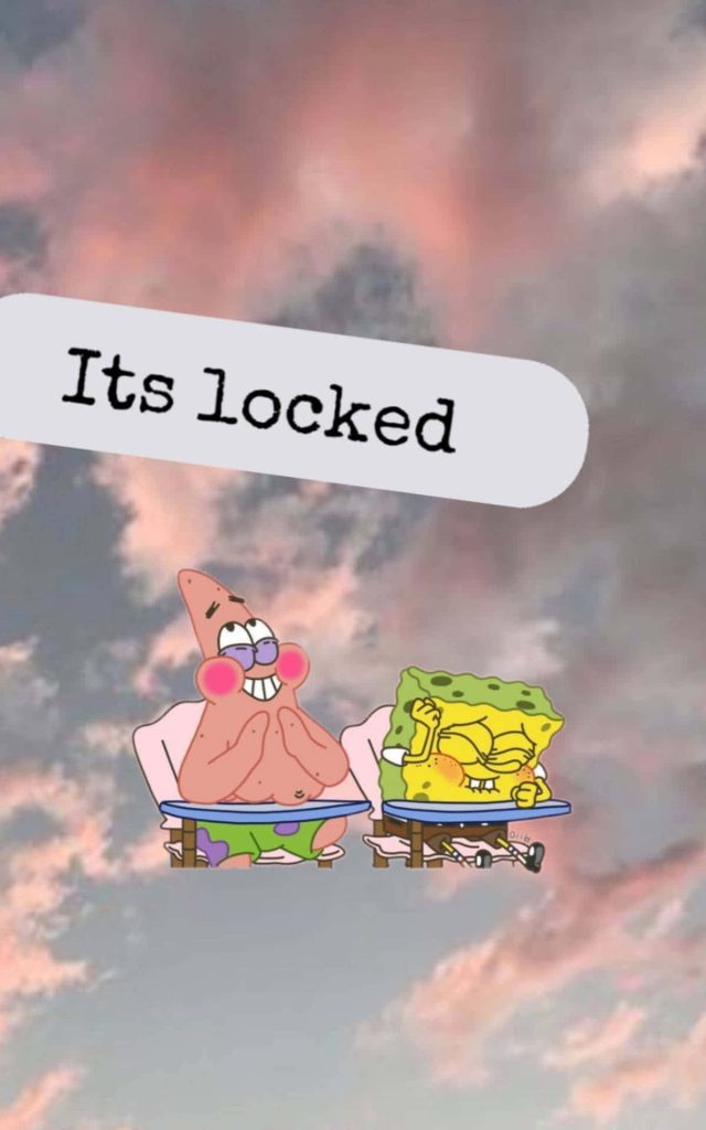 SpongeBob and Patrick laughing at desks sunset pastel sky cute its locked lock screen wallpaper