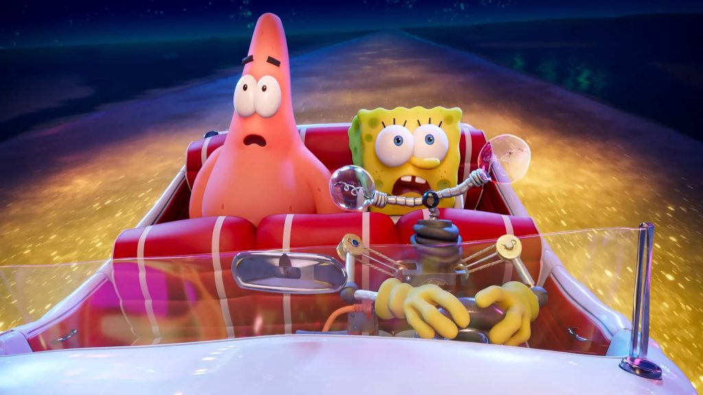 SpongeBob and Patrick in red convertible speeding on glowing night road 3D CGI wallpaper