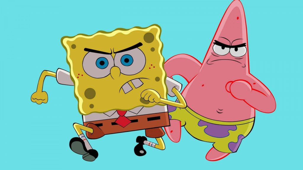 SpongeBob and Patrick running determinedly in vibrant 2D cartoon style on cyan background wallpaper