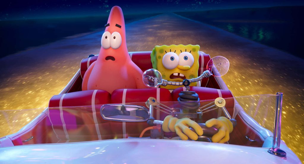 SpongeBob and Patrick scared driving car at night CGI wallpaper high quality 3D animation background