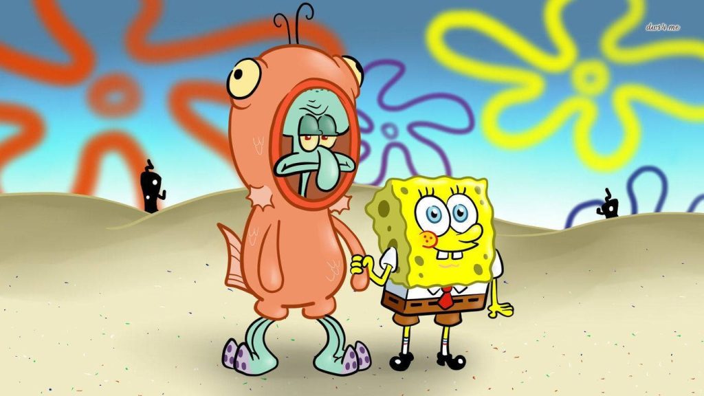 SpongeBob and fish-costume Squidward in vibrant Bikini Bottom with flower clouds wallpaper