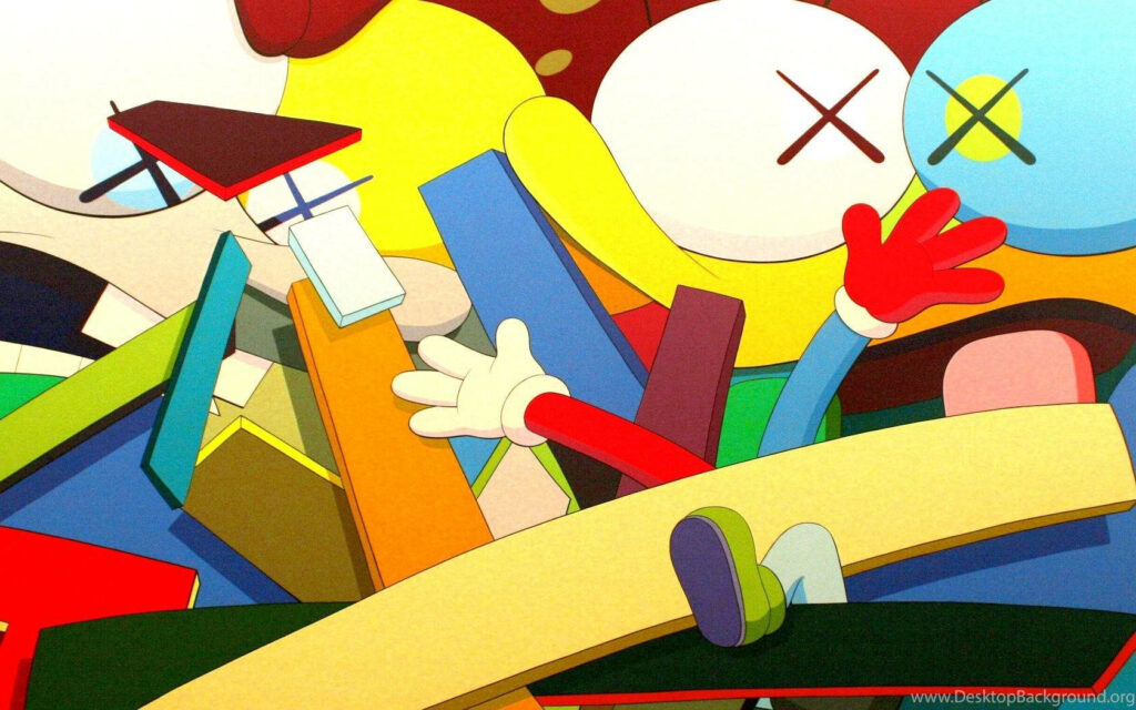Vibrant 2D Spongebob Kaws Edition wallpaper with bold colors and abstract pop art shapes background