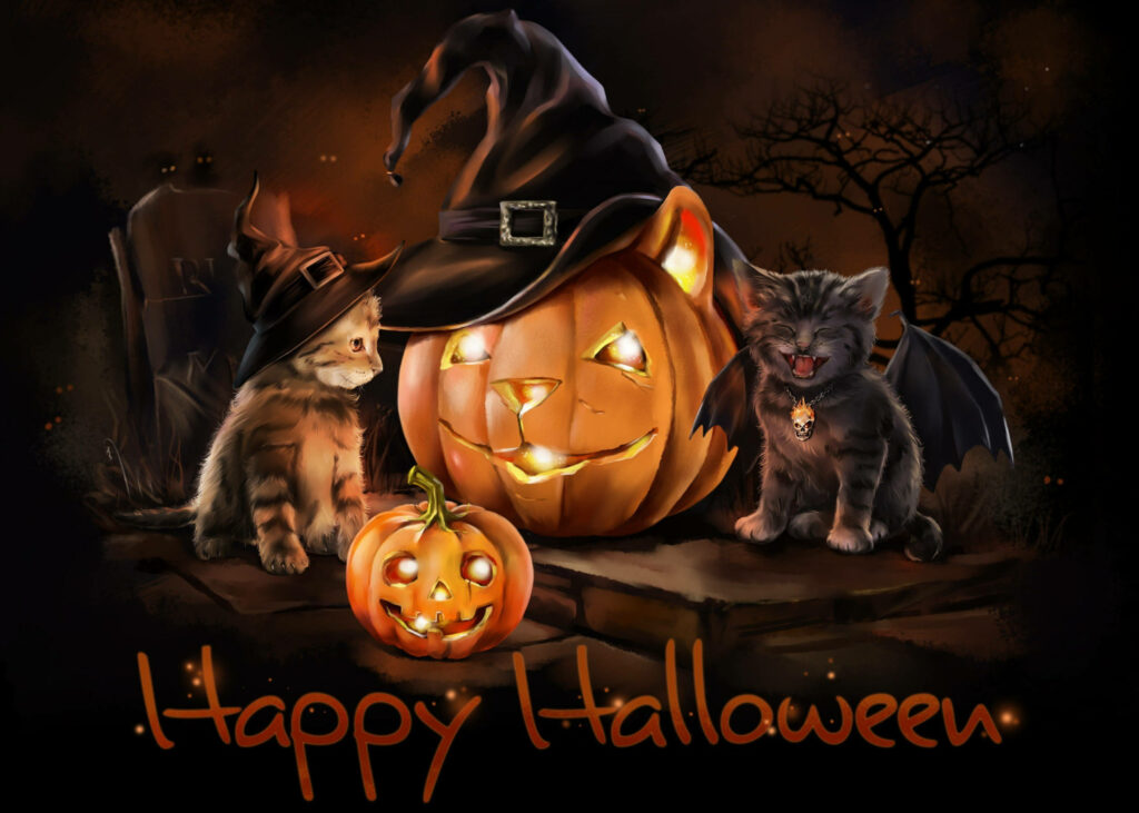 Feline Festivities: Bat-Winged Kittens and Jack O' Lanterns Bring Halloween Cheer! Wallpaper