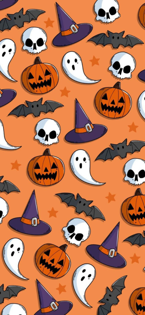 Spooky Specters: Halloween Hauntings on an Orange Canvas - A Charming Phone Wallpaper