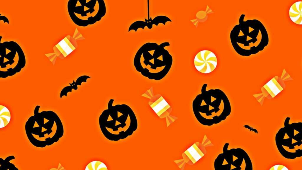 Creeptacular Candy Pumpkin Patch: A Cute Halloween QHD Wallpaper Featuring Bats on an Orange Background