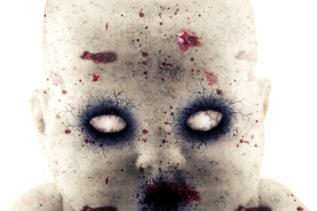 Close-up digital illustration of a spooky baby with cracked blood-spattered pale skin and glowing eyes Wallpaper