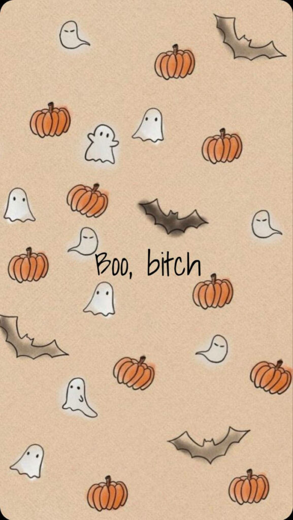 Spooktacular iPhone Wallpaper: Cute Halloween Icons and the Text 'Boo, Bitch' Grace the Background