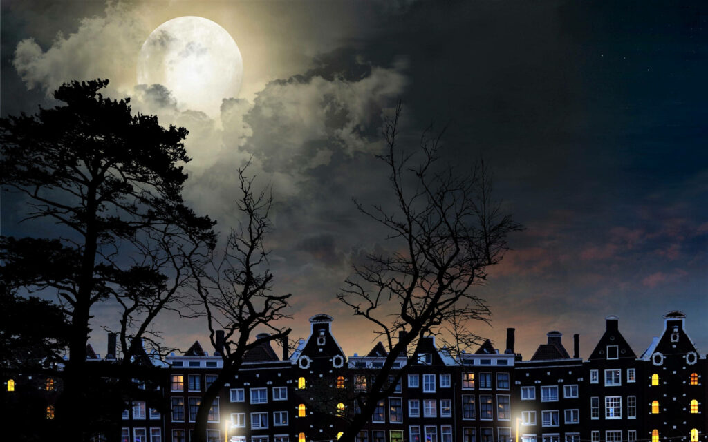 Spooky Dutch Houses Wallpaper: Haunting Full Moon & Leafless Trees