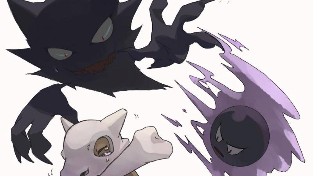 Haunter and Gastly looming over frightened Cubone spooky Pokémon digital anime wallpaper background