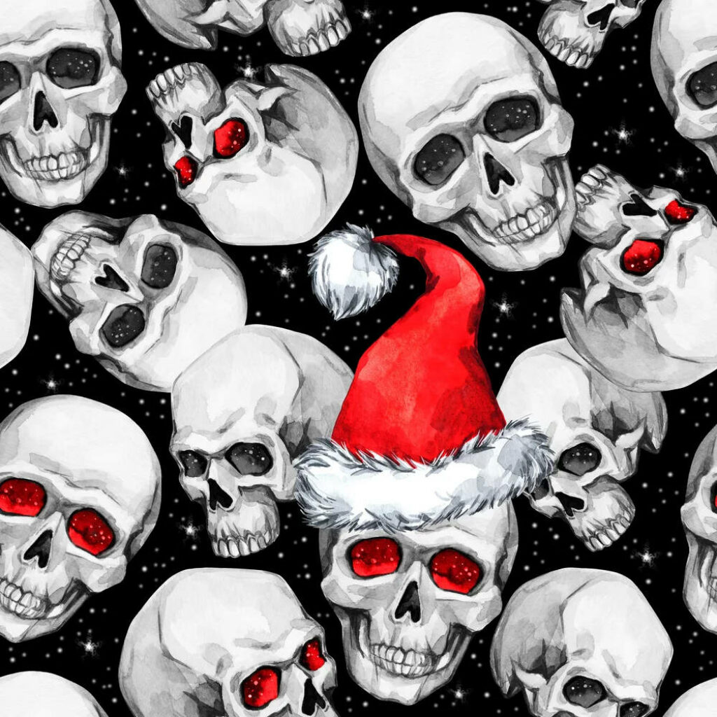 Gothic Christmas Wallpaper: Spooky Skulls with Santa Hat & Red Eyes