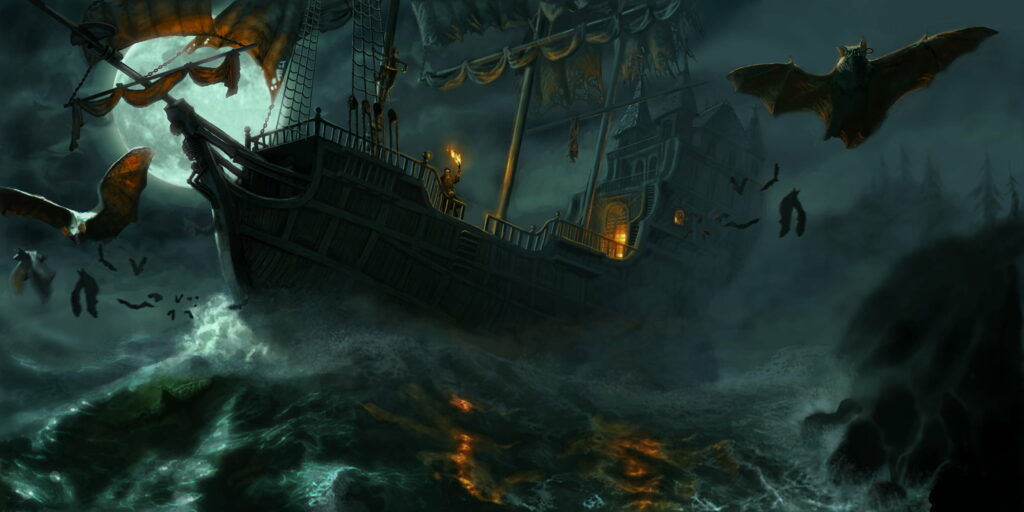 Ghostly Ship Sets Sail under a Haunted Halloween Night Sky: A Spooky Gothic HD Wallpaper