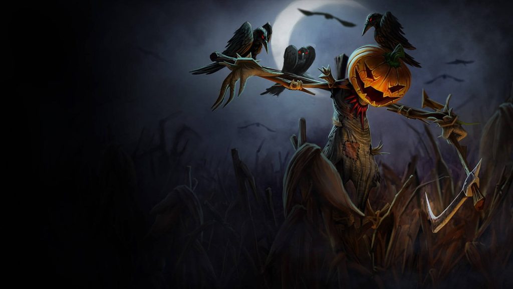 Halloween desktop wallpaper Pumpkinhead Fiddlesticks glowing jack-o-lantern moonlit cornfield