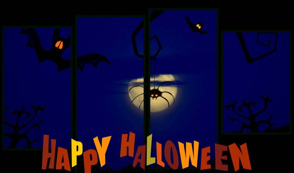 Spooky Halloween wallpaper with full moon bats creepy trees spider and colorful Happy Halloween text