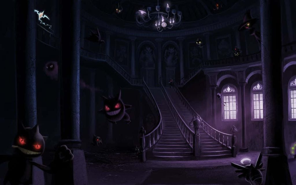 Dark haunted mansion wallpaper with Gengar Banette ghost Pokemon purple gothic lighting