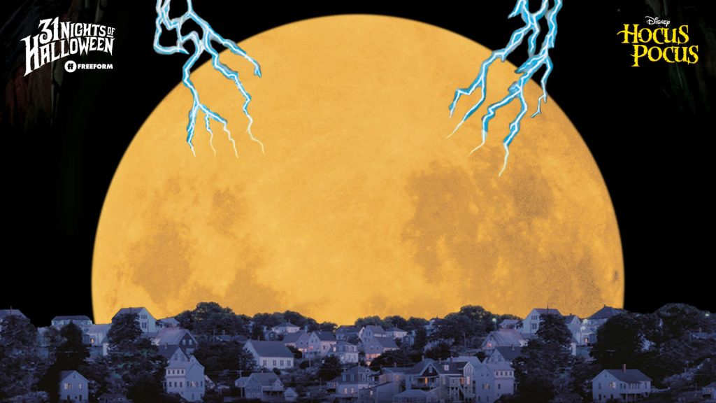 Glowing orange moon and blue lightning over spooky town with 31 Nights of Halloween logo wallpaper