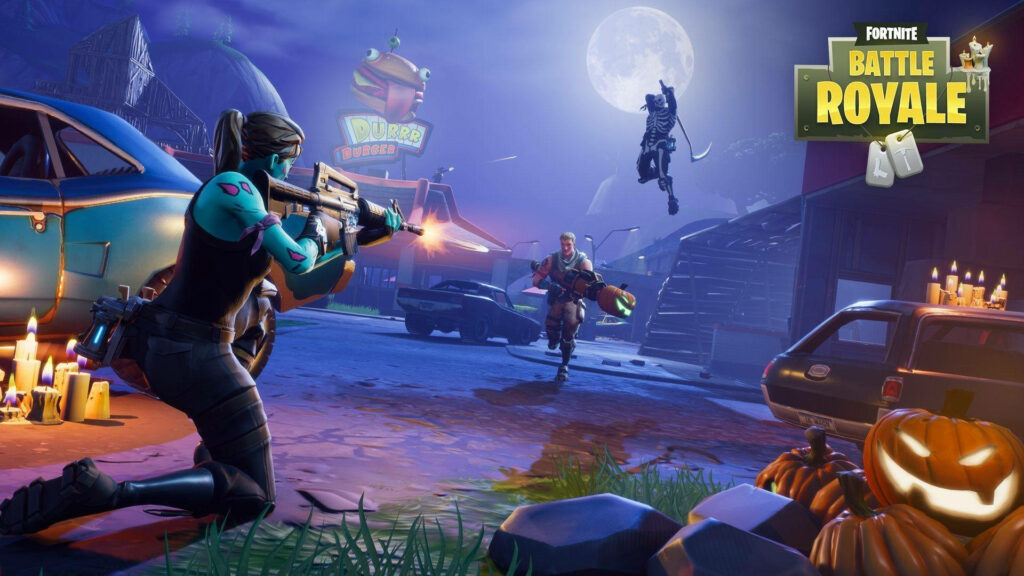 Spooky Fortnite Showdown: Pumpkins and Candlelight Set the Stage Wallpaper