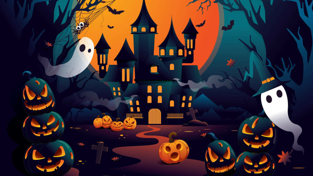 Enchanting Halloween Haven: An Adorable Animated Spooky Haunted House With Ghosts, Bats, Jack-o'-lanterns, and Dead Trees – The Perfect Charm for Your Cute Halloween Desktop Background Wallpaper