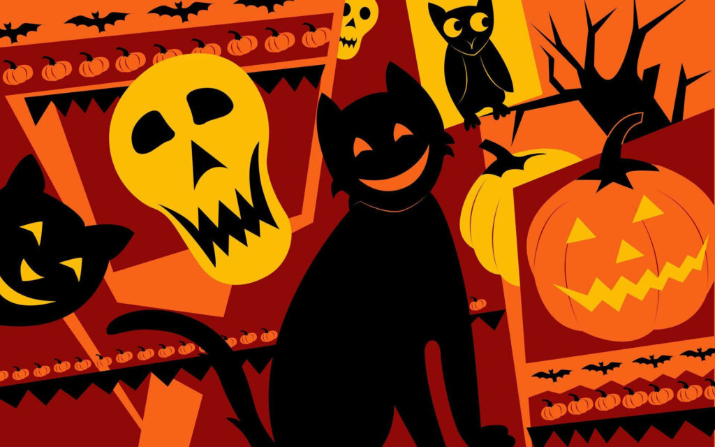 Spooky Delights: Halloween-inspired Laptop Background with Cat, Jack-o-Lantern, and Skull in Vibrant Orange, Red, Yellow, and Black Wallpaper